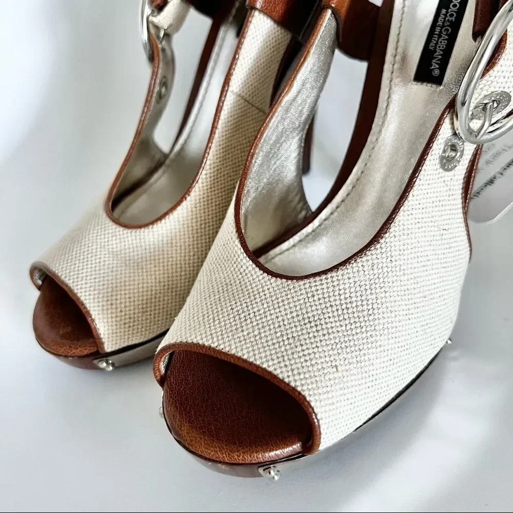 NEW Dolce & Gabbana Canvas Wooden Platform Open Toe Slingback EU 37 MSRP $795